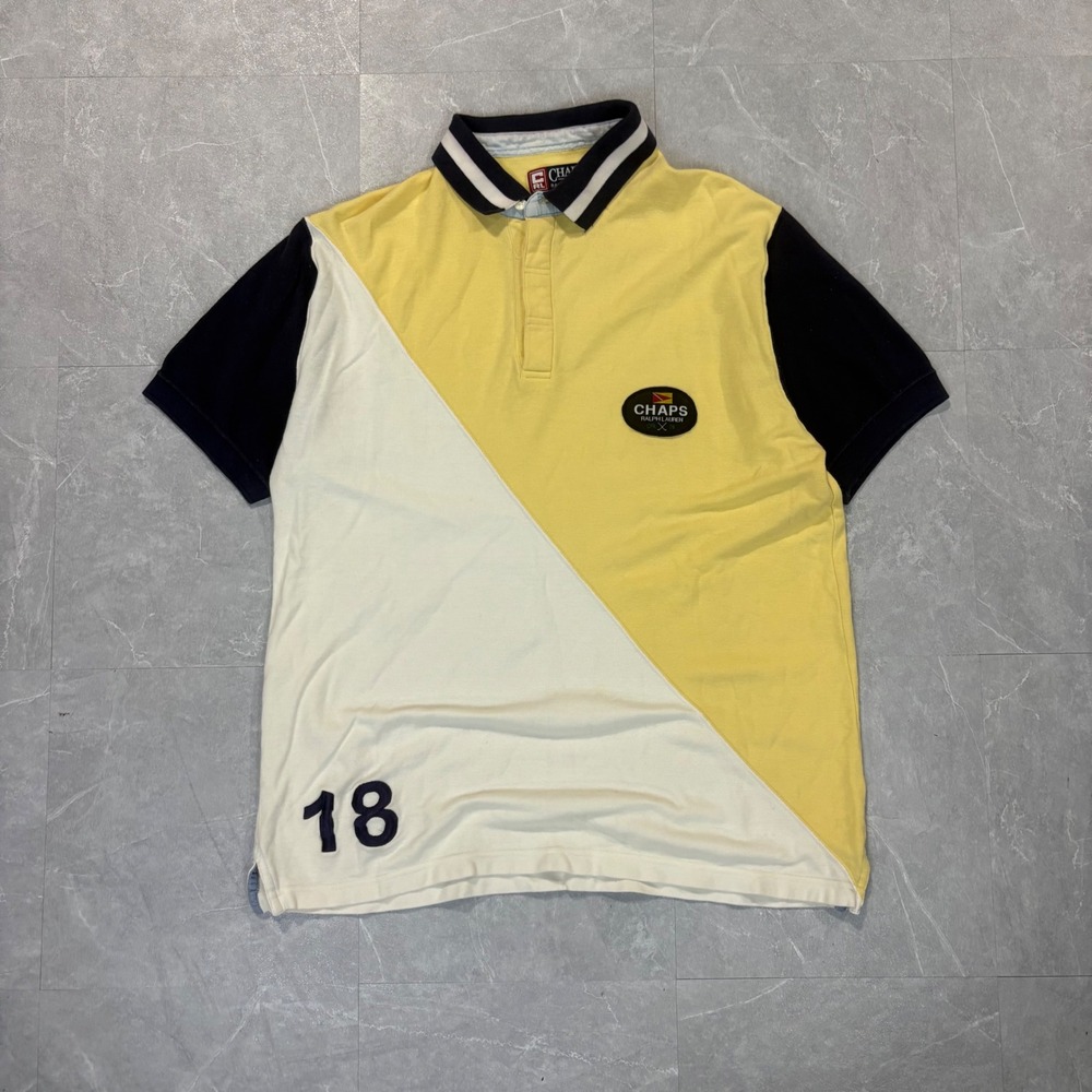 Chaps Ralph Lauren Mens Large Colorblock Polo Shirt Yellow White Blue 18 Patch